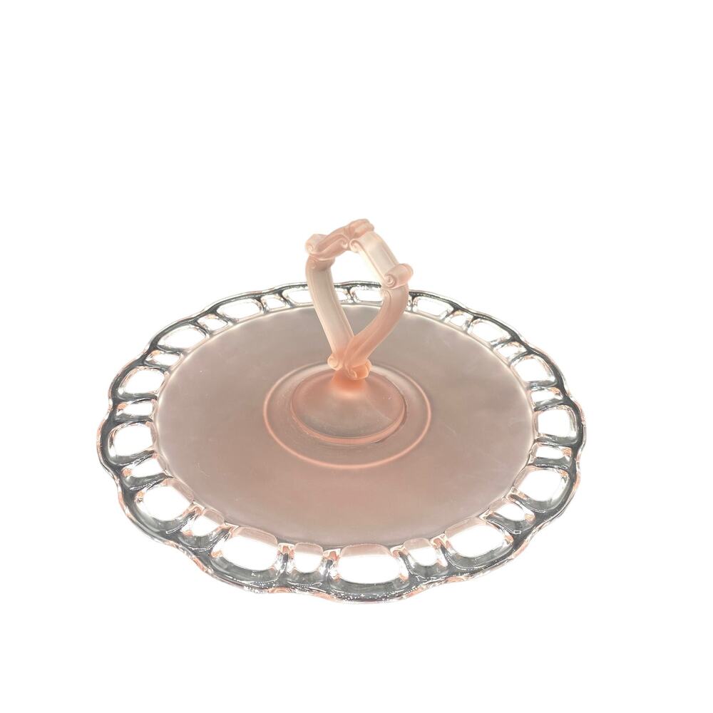 Vintage Pink Frosted Glass Serving Tray with Center Handle - Picture 2 of 4